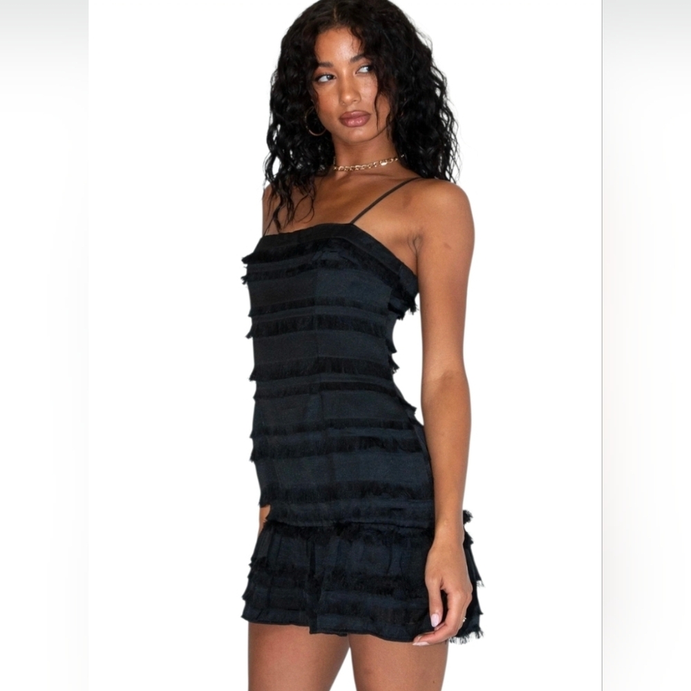 Polly Molina Mini Dress Black Fringe Size 4 Holiday Bodycon Festive